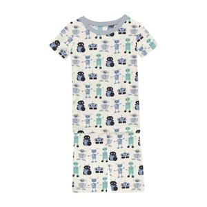 NEW KICKEE kids' short sleeve pajama set with shorts in natural robots